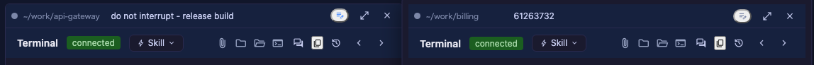 セルヘッダが 2 つ並んでいる。左は ~/work/api-gateway のあとにメモ「do not interrupt - release build」が出ていて鉛筆がアクセント色。右は ~/work/billing のあとにセッション id が出ていて鉛筆は淡色。ヘッダの高さは両方同じ