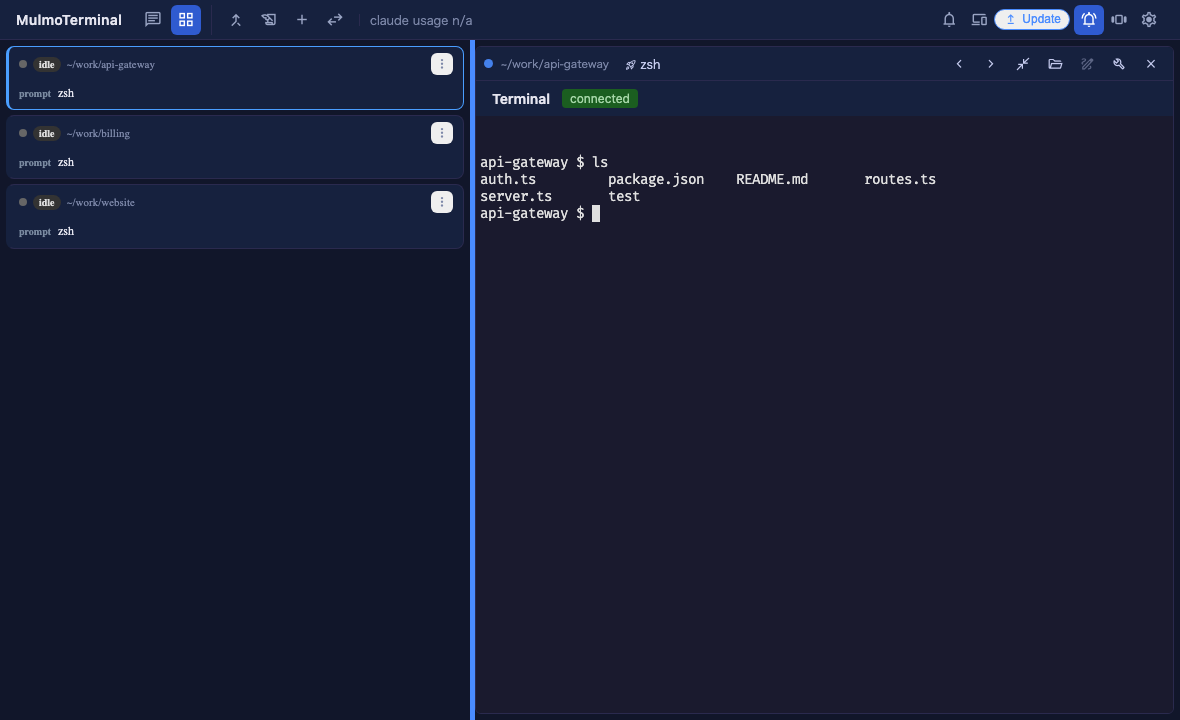 grid view で拡大したセル。左に 3 セッションの roster、右にターミナル、その間の境界がドラッグ中でアクセント色に光っている