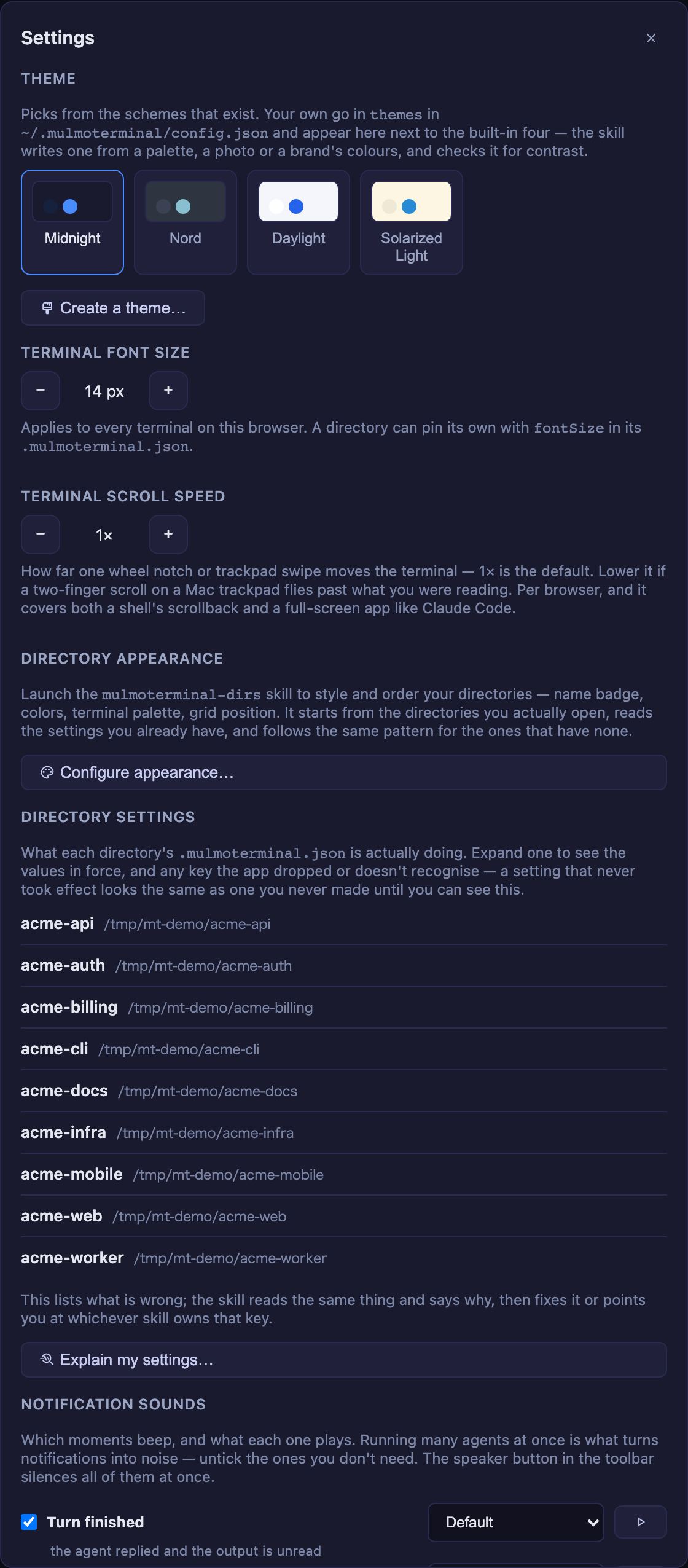 Settings。テーマピッカーの下に Create a theme…、Directory appearance の下に Configure appearance…、ディレクトリ一覧の下に Explain my settings…