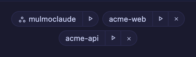 The launcher chip row: the workspace first with its own icon and no remove button, then two ordinary directory chips that have one