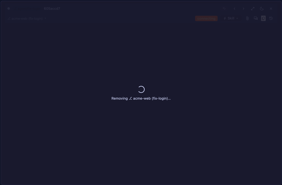 削除中のセル。全体が減光し、中央に「Removing acme-web (fix-login)…」と読めるスピナーが出ている