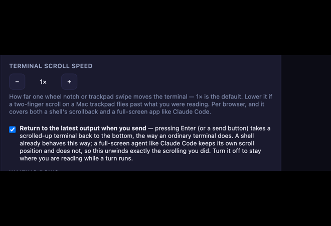 Settings パネル。Terminal scroll speed の下に「Return to the latest output when you send」のチェックボックスが入った状態で表示されている
