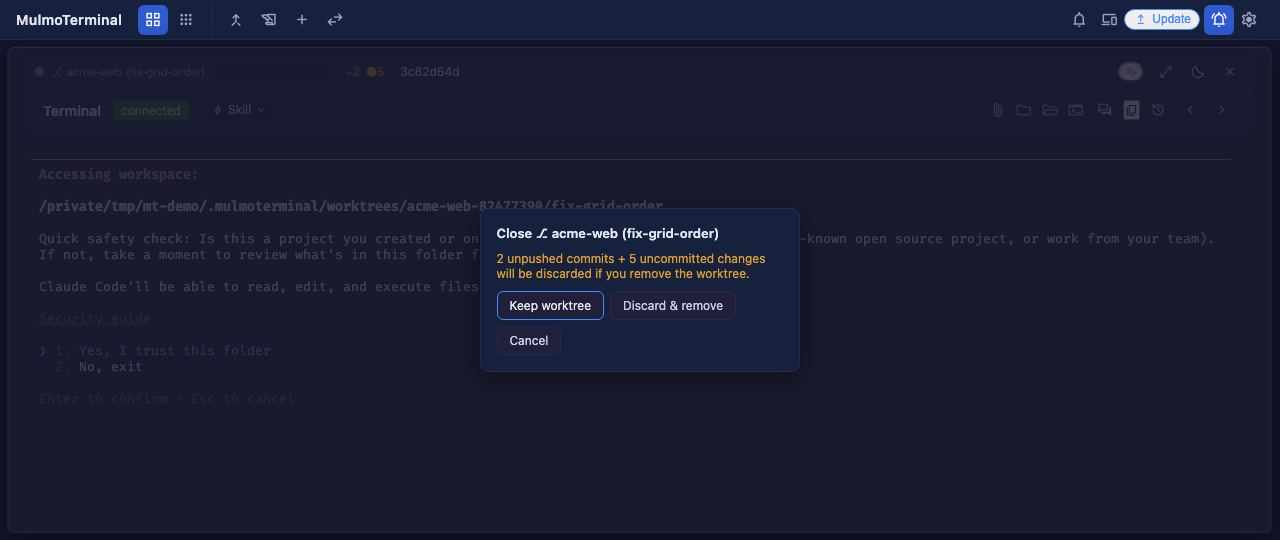 未コミットがある worktree を閉じる